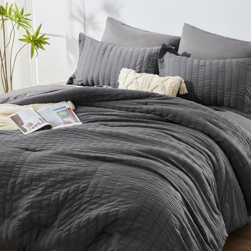 CozyLux King Seersucker 7-Piece Dark Grey Bedding Set - Image 3