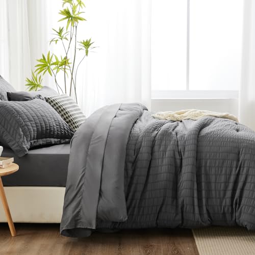 CozyLux King Seersucker 7-Piece Dark Grey Bedding Set - Image 4