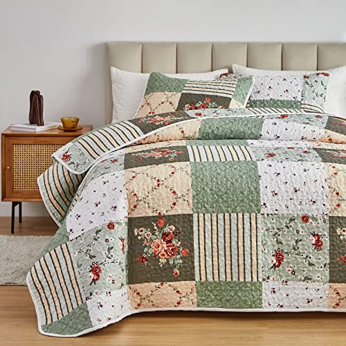 Flysheep Green Floral Plaid Patchwork Quilt Set - Image 3