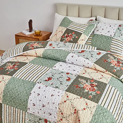 Flysheep Green Floral Plaid Patchwork Quilt Set - Image 4