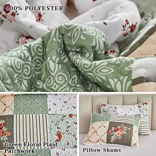 Flysheep Green Floral Plaid Patchwork Quilt Set - Image 5