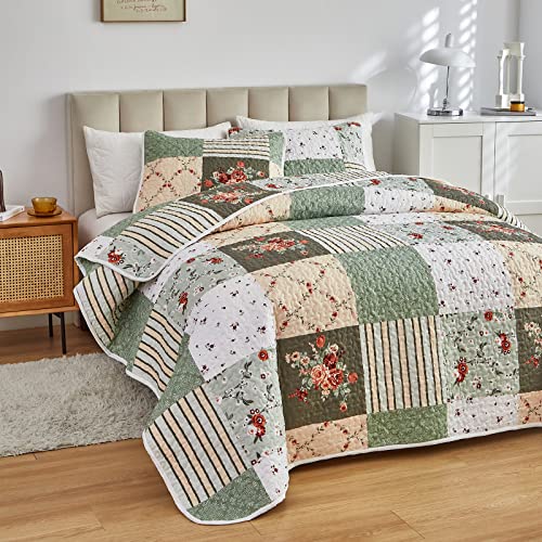 Flysheep Green Floral Plaid Patchwork Quilt Set - Image 2