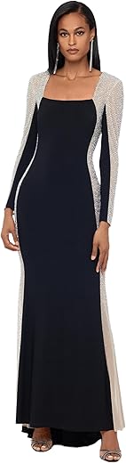 Xscape Long Sleeve Caviar Beaded Mesh Dress