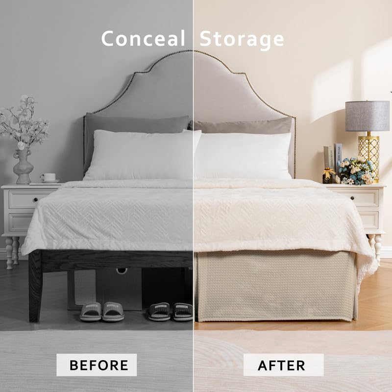 MIYE Cream Pleated Waffle Weave Bed Skirt - Image 4