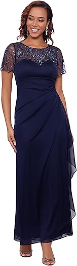 Xscape Beaded Sequin Illusion Neckline Dress