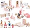 Giant bean 36pcs Wooden Dollhouse Furniture Set with 4 Family Dolls