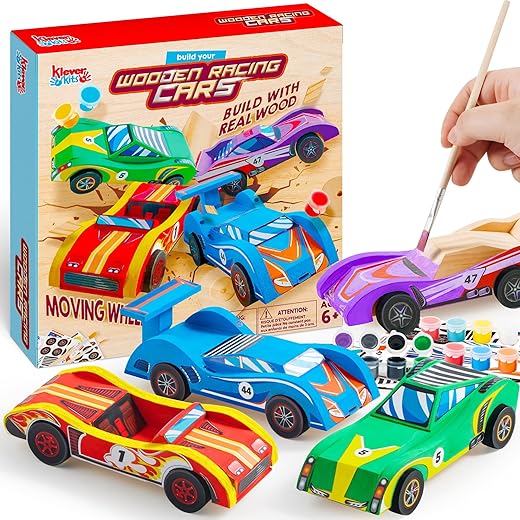 Klever Kits DIY Wooden Race Cars Kit, 4 Pack