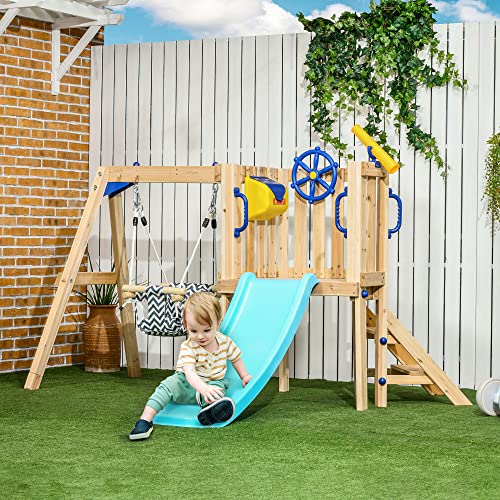 Outsunny 3 In 1 Wooden Swing Set, Ages 1.5-4 - Image 2