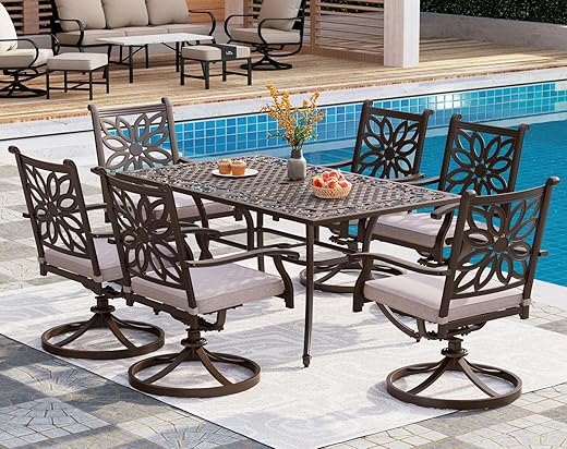PHI VILLA Cast Aluminum Patio Dining Set, 7 Piece