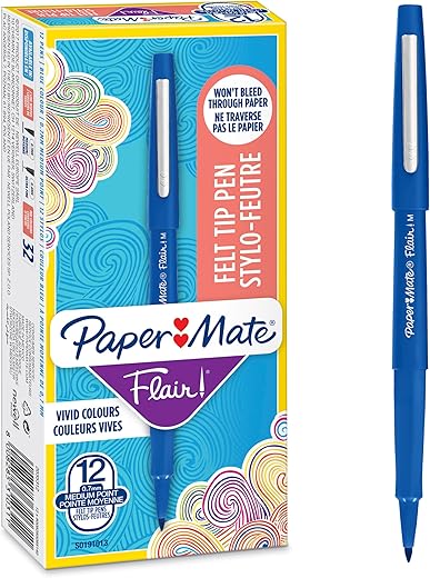 Paper Mate Flair Felt Tip Pens, Medium Point, Blue, 12 Count