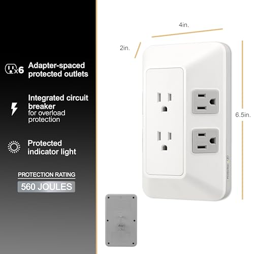 GE 6-Outlet Surge Tap, 560J, White/Gray - Image 3