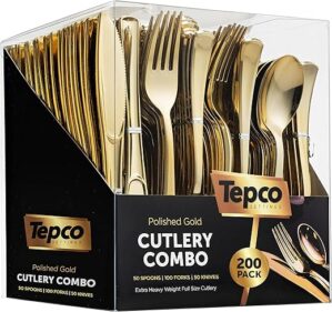 Tepco Settings Gold Plastic Silverware Set – 200 Pieces