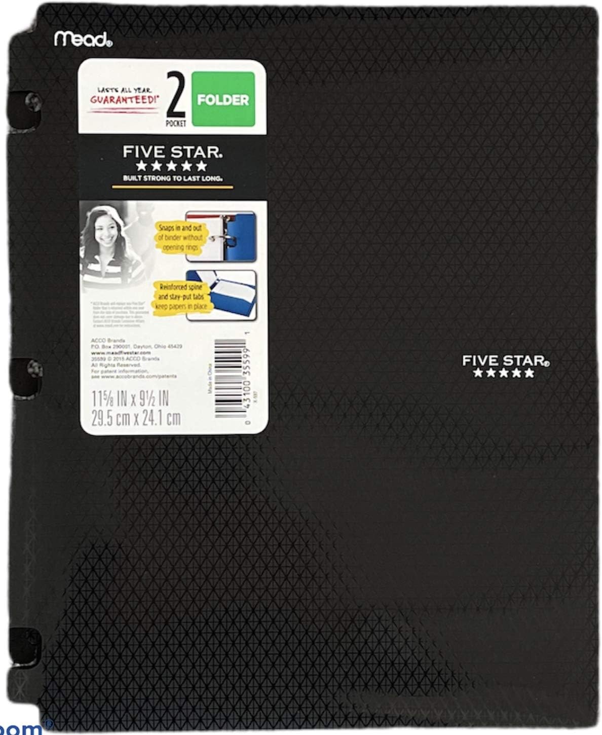 Mead Plastic Folder For Binders, 2 Pocket