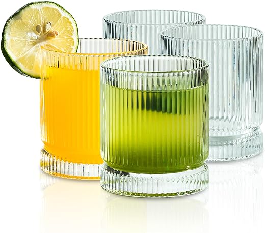 KEMORELA Ribbed Glass Cups, 13oz Vintage Glassware