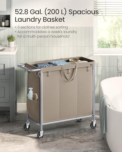 SONGMICS Laundry Basket With Wheels, 3-Section Hamper - Image 3