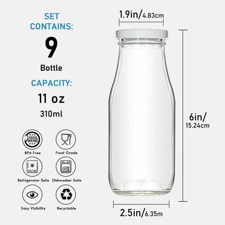 YEBODA 11oz Glass Milk Bottles With Lids - Image 4