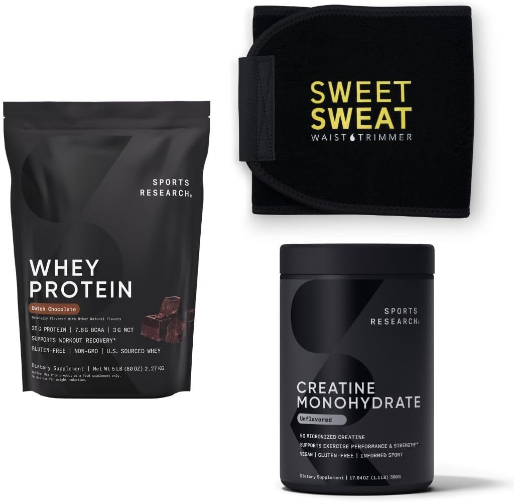Sports Research Creatine Monohydrate, Chocolate Whey Protein, Waist Trimmer