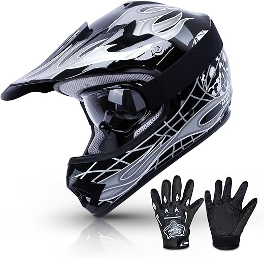 TCMT Kids Youth Black Motorcycle Offroad Helmet Set