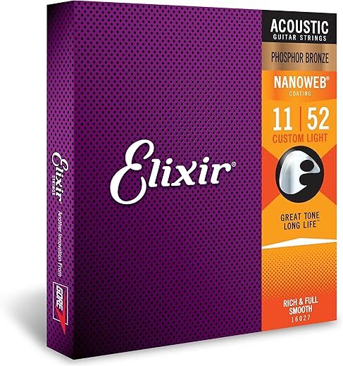 Elixir Acoustic Guitar Strings, Phosphor Bronze, NANOWEB Coating 11-52