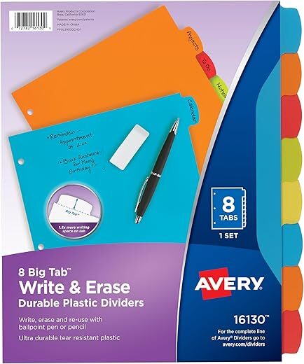 AVERY Big Tab Write & Erase Dividers, 8-Tab Set (16130)