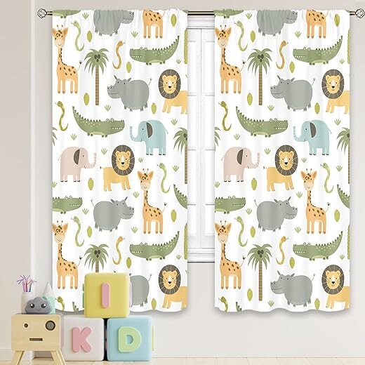 MESHELLY Kids Safari Animals Curtains 42W X 63H