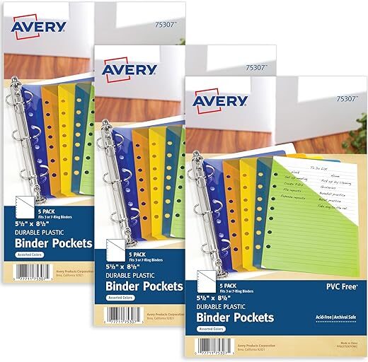 AVERY Mini Binder Pockets, Assorted Colors, 24467