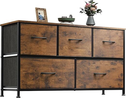 WLIVE Rustic Brown Fabric Dresser with 5 Drawers
